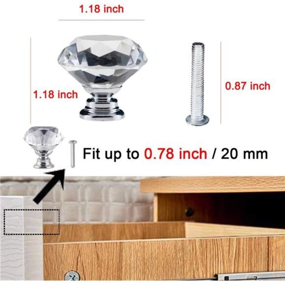 12 Pack Drawer Knobs Diamond Shaped Crystal Glass 30mm Cabinet Knobs - Picture 2 of 7
